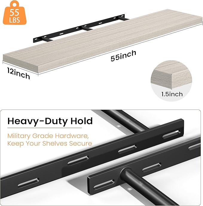 Gray Floating Shelves for Wall, 55 Inch Floating Shelves Set of 2, Wall Mounted Rustic Wood Shelf for Bathroom, Living Room, Bedroom and Kitchen, Hanging Shelf for Storage, Books, Home Decor
