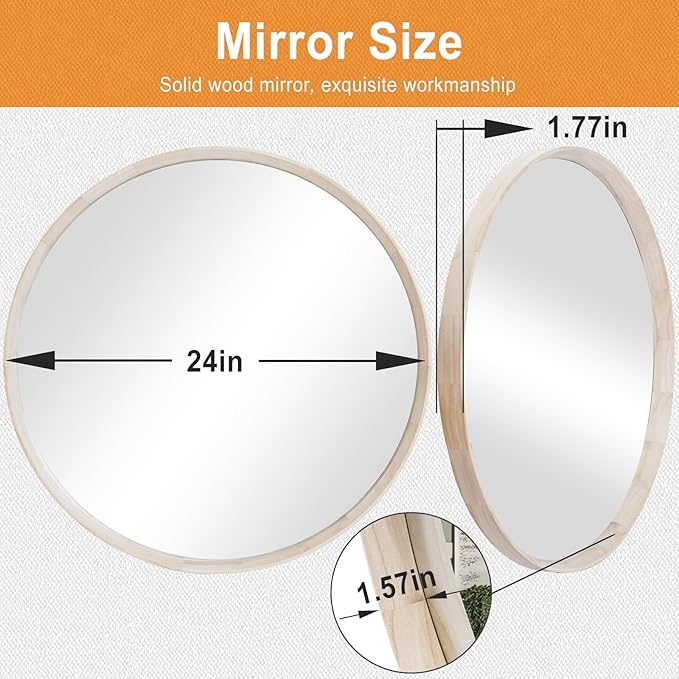 Natural Wood Round Mirror, 24 Inch - Wall Circle Mirror for Bathroom or Nursery Decor