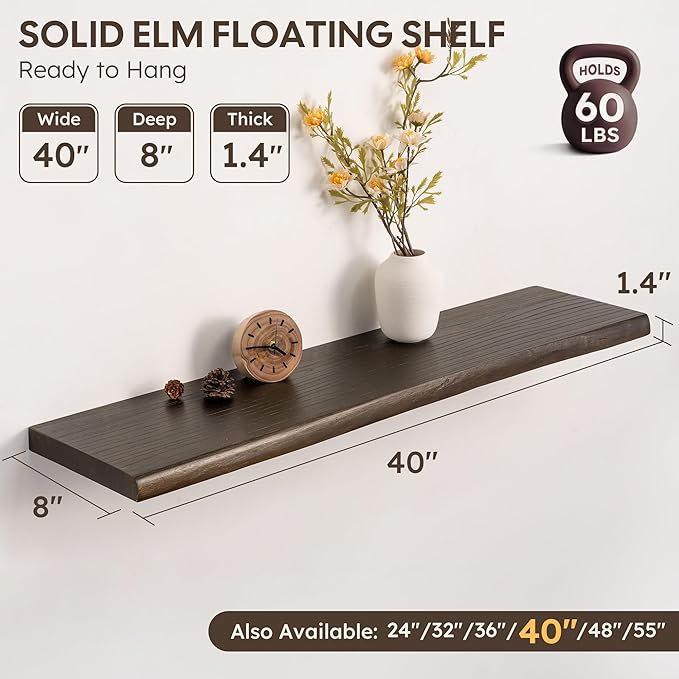 Live Edge Floating Shelf, 40 Inch Rustic Solid Elm Wood - Walnut Brown Finish with Invisible Brackets, Wall Mounted for Living Room, Kitchen, Bathroom