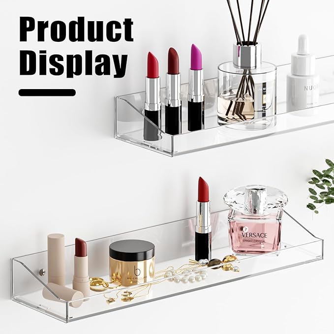 Acrylic Shelves for Bathroom Storage, 15" Floating Shelves Wall Organizer for Perfume, Make up, Skincare, Kids Bookshelf for Bedroom, Nursery, Living Room Decor, Clear, 6 Pack