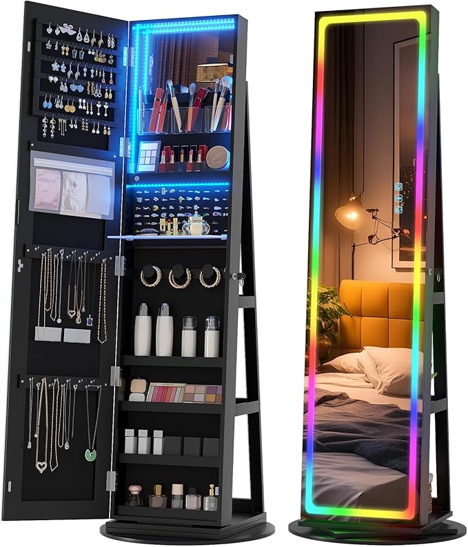 Vlskra Full Length Mirror with Storage, Lockable Jewelry Mirror Cabinet, Large Standing Jewelry Armoire with Mirror for Bedroom, Space Saving, Anti-Tangle Necklace Organizer for Women, Black