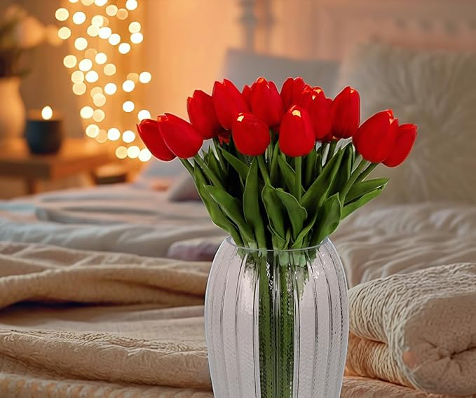 HOMESEASONS Lighted 20pcs LED Lighted Fake Flowers Artificial Tulips Real Touch Tulip Bouquet 15" Faux Tulips for Easter Decor Spring Decor Mother's Day Home Kitchen Wedding Decorations (Red)