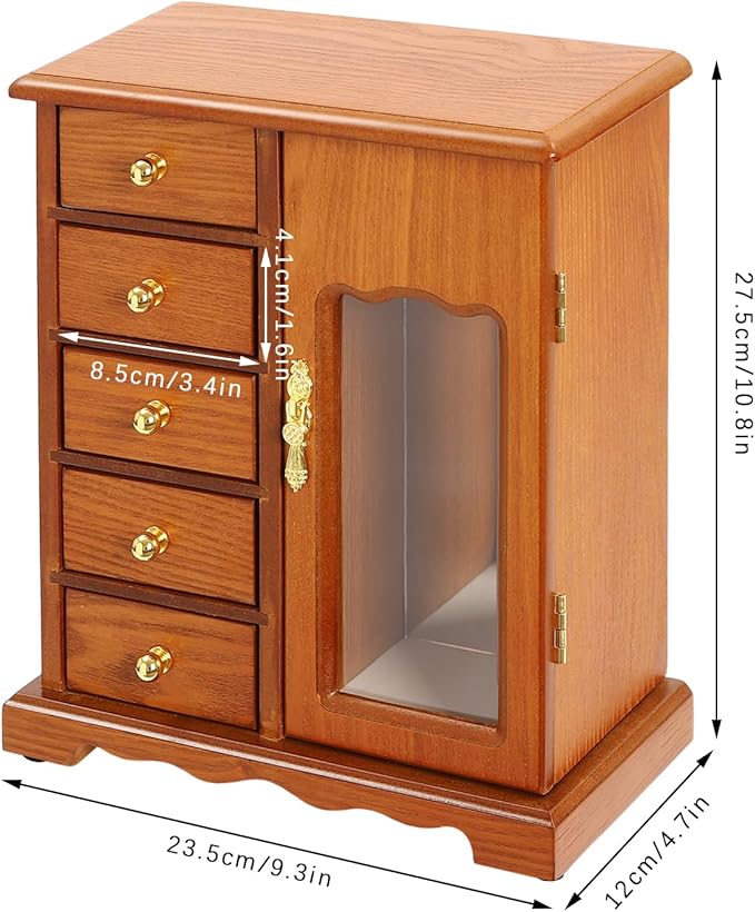 Wooden Jewelry Box, Jewelry Organizer With 5 Drawers Built-in Necklace Carousel and Mirror for Necklaces, Earring, Rings (Light Wood Color)