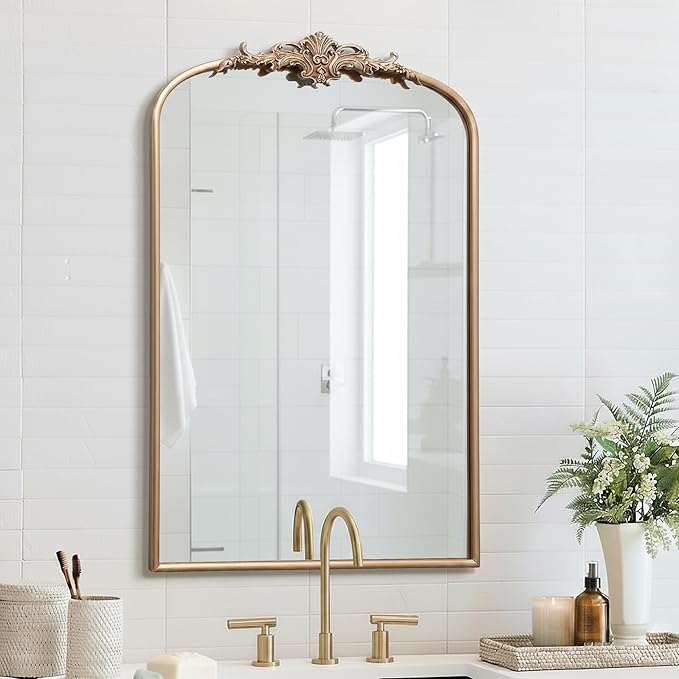 Besdomus Large Antique Wall Mirror: 24"x36" French Arched Champagne Gold Vintage Vanity Wall Mounted Mirror - Traditional Ornate Home Decor for Entryway/Bedroom/Bathroom - Baroque Idea for Housewife