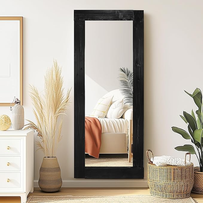 Full Length Mirror 58"x24" – Solid Wood Frame, HD Tempered Glass, Wall Mounted & Leaning, Rustic Modern Decor for Bedroom, Living Room, Entryway, Black