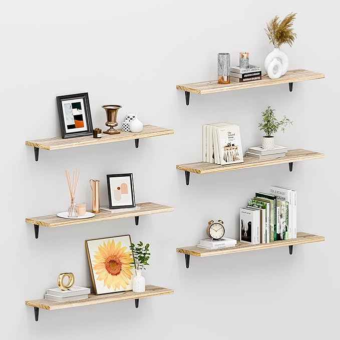 SKYSEN Floating Shelves for Wall Set of 6, 23.6in Wood Wall Shelf for Decor, Bathroom, Bedroom, Storage, Book,Kitchen, Living Room - Rustic Brown(fs-60-l)