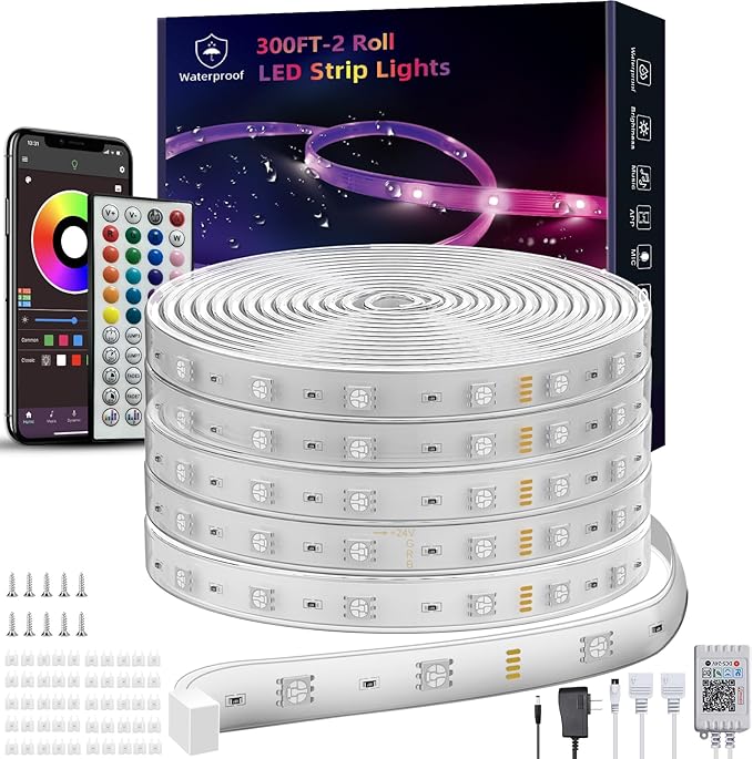 Ledagic Outdoor Led Strip Lights Waterproof 298ft (2*149ft), Ip65 Outside Led Light Strip Waterproof with Remote and App Control, Exterior Led Rope Lights Music Syne RGB Strip Lights for Bedroom Decor