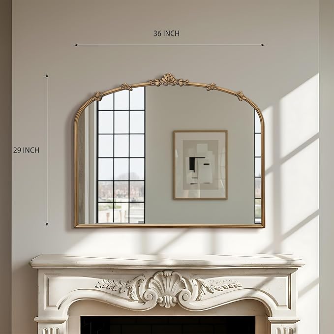 Besdomus Large Vintage Gold Mirror: 36"x29" Traditional Ornate Arched Mirror - French Baroque Antique Mirrors for Wall/Mantel/Bedroom/Entryway/Bathroom/Hallway - Home Decor for Fashion-Conscious