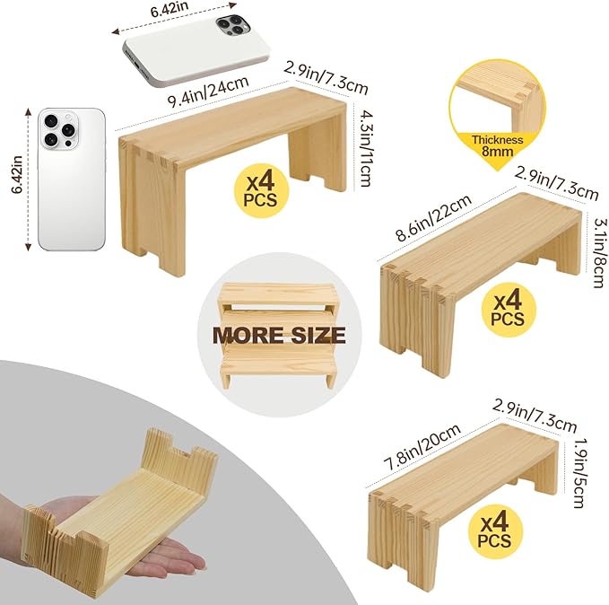 Yikaroeli 12Pcs Wood Display Risers Wooden Stands 3 Tier 4 Set Display Stand for Vendor Events Cupcake Stands Cake Dtand Perfume Shelf Dessert Food Display for Party (Nature)