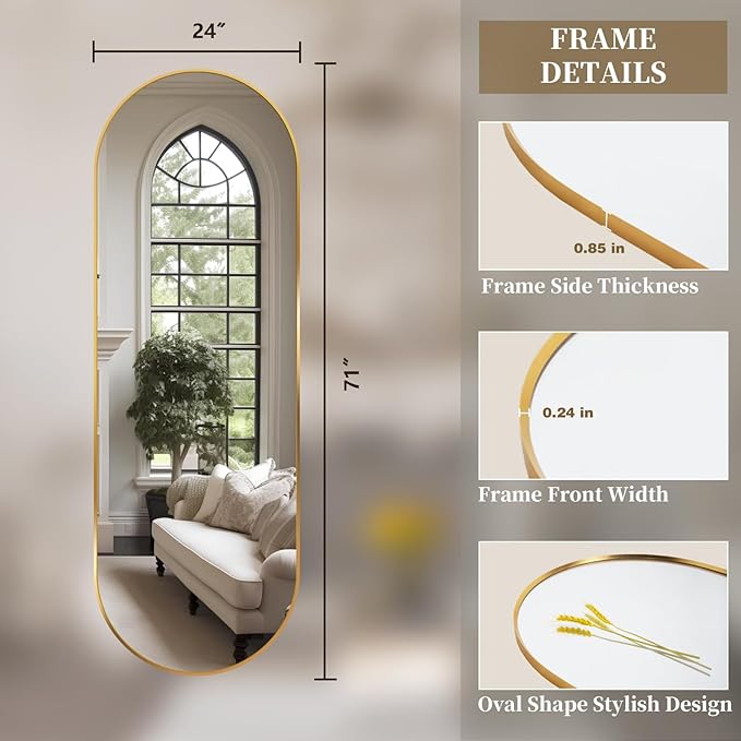 Oval Full Length Mirror, 71"×24" Wall-Mounted Floor Mirror with Metal Frame, Ultra-Clear Explosion-Proof Dressing Mirror, Simple and Classic Deco for Cloakroom/Bedroom/Living Room, Gold