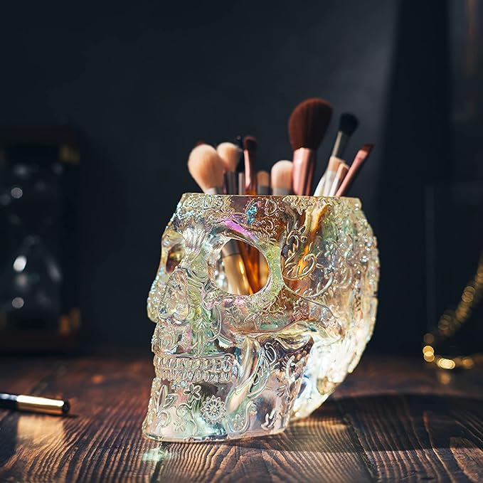 Skull Makeup Brush Holder, Pen Holder, Vanity, Desk, Office Organizer, Stationary, Decor Planter, Candy Bowl, Goth Decorations, Extra Large, Skulls Gothic Skull & Bones Organizer Bathroom (iridescent)