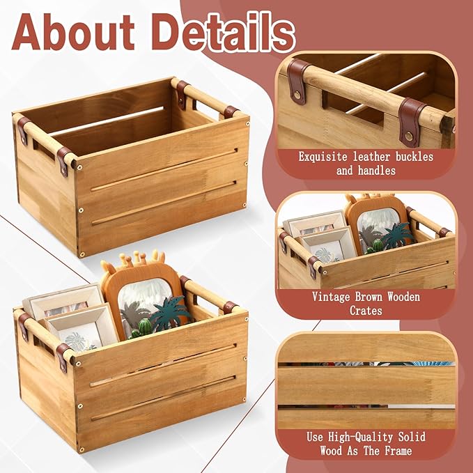 Chunful Set of 2 Rustic Wooden Crate Large Farmhouse Wood Storage Container Boxes with Cutout Handles 15.3 x 11x 7.8 and 13.3 x 9.4 x 7 Inch Vintage Decorative Crate for Display Home Decor
