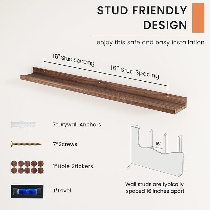 FLYJOE Picture Ledge Shelf, Floating Shelves Set of 2, 40 Inches Nursery Book Shelves for Toys Storage, Kids Bookshelf Wall Mounted for Living Room Bedroom Decor Books Photo Frames, Walnut