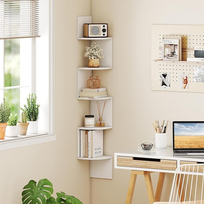 Giantex Corner Shelf Wall Mounted, 5-Tier Floating Corner Bookshelf, Home Storage Organizer, Wooden Display Stand Rack for Wall, Plant Shelf for Living Room, Bedroom, Kitchen (1,White)
