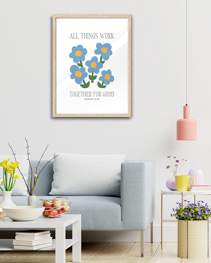 EcoHest Large 16x20in OAK Wood Framed Wall Art, Romans 8:28 All Things Work Bible Verse Christian Canvas Wall Decor, Blue Modern God Wall Prints for Bedroom Living Bathroom Religious Gift 1 Pack