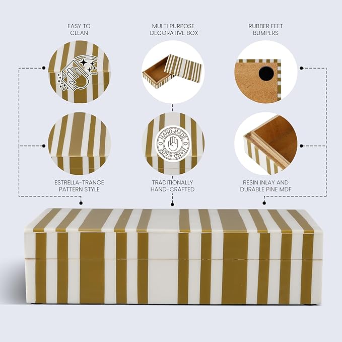 Handicrafts Home Large Decorative Storage Box with Lid– 8x5x2” Coffee Table Organizer, Keepsake-Decorative Boxes for Home Decor, Stylish Decorative Box for Office Décor-Ivory Stripped