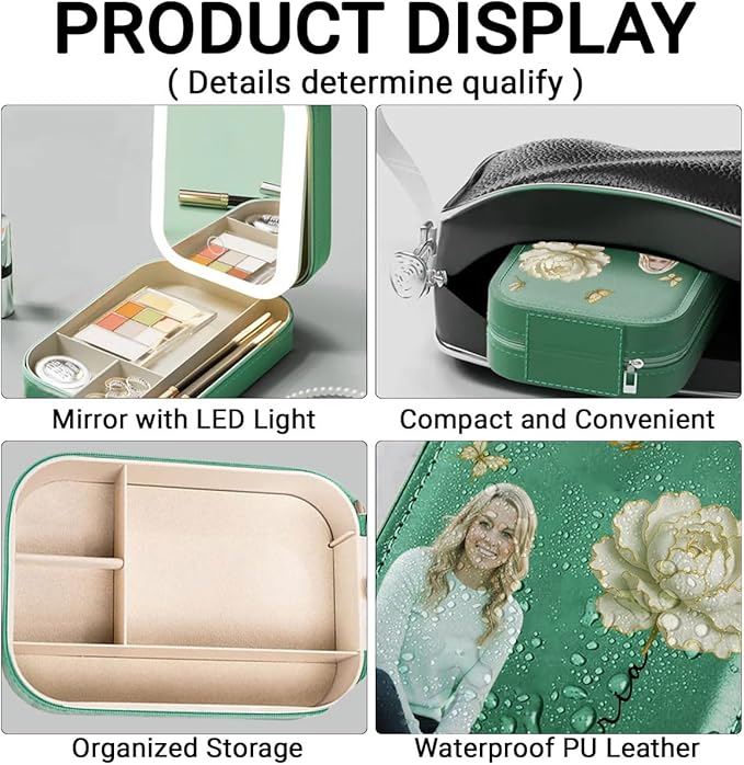 Wrappiness Women & Girls Floral Makeup Box With LED Mirror - Custom Photo Jewelry Organizer Gift for Daughters Sisters on Birthday Christmas Personalized Birthmonth Flower