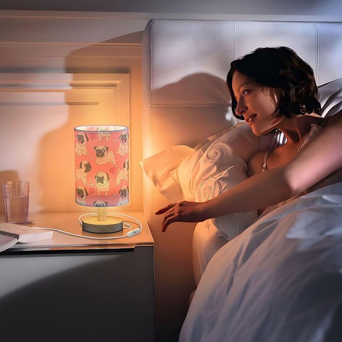 Table Lamp Pugs Puppy Heart on Pink Nightstand Lamp with Wood Base Fabric Lamp Shade Bedside Desk Lamp for Living Room Bedroom Kids Room Office