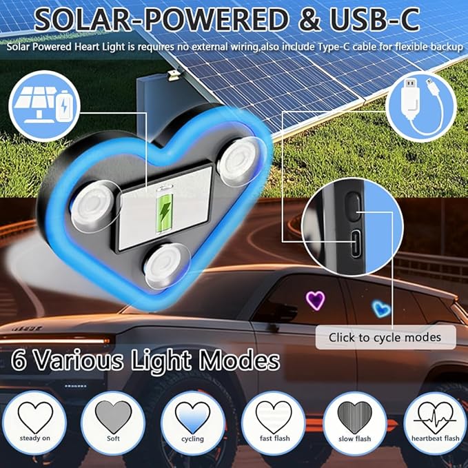 2Pcs Solar Powered Heart Light for Car, 2pcs LED Wireless Ambient Lamp with 6 Modes & Vibration Sensor Can Automatically Power the Light On, Romantic Ambient Gift for Couples (Ice Blue)