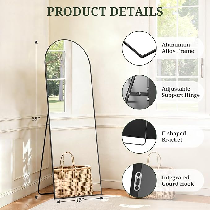 Mirror Full Length 59"x16" Full Body Floor Mirror with Stand, Shatterproof Glass, Aluminum Alloy Frame, Free Standing Wall Mounted or Leaning Arched Mirrors for Bedroom Living Room Entryway