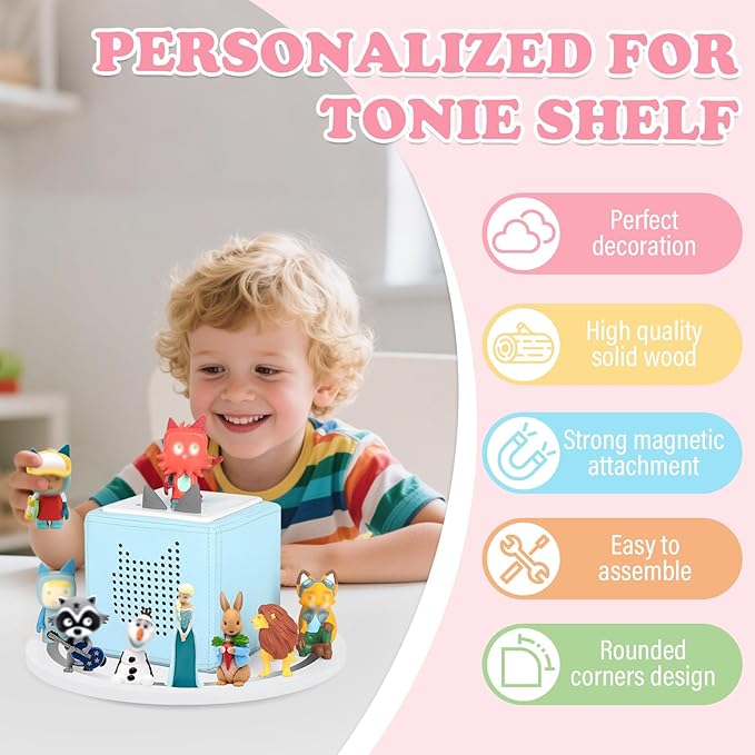 360° Round Turntable for Tonies Box 1/2 Organizer Storage Shelf, Magnetic Stand Holder for Toniebox Player Tonies Figures, Display Collection 10~15 Tonie Box Characters (White)