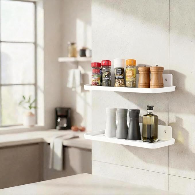 FAYYGYH Adhesive Floating Shelves No Drill Floating Shelf for Wall Storage Damage-Free Wall Mounted Organizer for Bathroom, Kitchen, Bedroom & Office (White, 4 PCS)