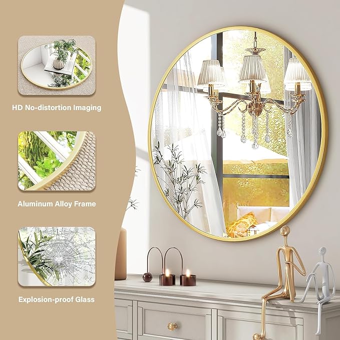 HARRITPURE 28" Round Mirror - Gold Bathroom Mirror Circle Wall Mirror with Brushed Aluminum Alloy Frame Modern Decor for Living Room, Vanity, Bedroom, Entryway