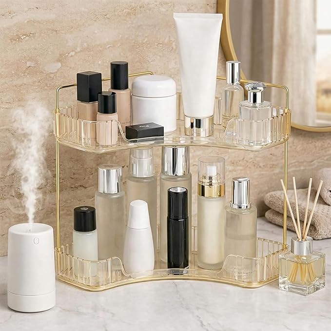 Multi-Tier Corner Countertop Organizer Rack, 90° Space-Saving Bathroom Makeup Organizer Countertop, Tool Free Acrylic Storage Rack for Bathroom, Vanity, Dresser, Makeup, Cosmetics (Gold-2-tier)