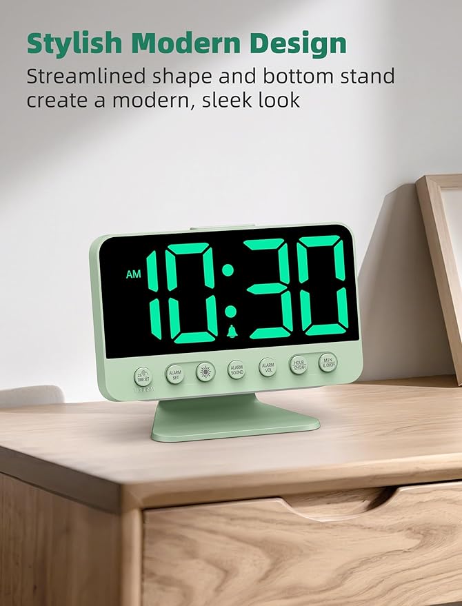 Odokee Digital Alarm Clocks for Bedrooms: Large Bold Number 5 Brightness Dimmer - Easy to Read Across The Room - 5 Alarm Sound 8 Night Light - Sage Green