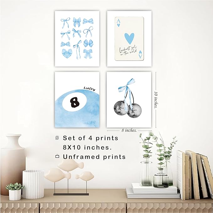 okaxscm Blue Coquette Trendy Preppy Wall Art Prints Set of 4, Coquette Room Decor, Preppy Room Decor Aesthetic, Blue Bow Disco 8 Ball Cherry Wall Decor Posters for Girls Bedroom Dorm, 8x10 Unframed