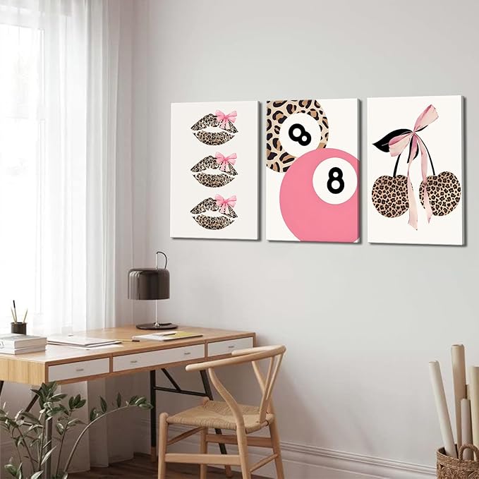 Trendy Pink Leopard Bow Canvas Wall Art Set of 3 Funky Cherry Lucky 8 Ball Posters Prints Cute Coquette Preppy Room Aesthetic Wall Decor Pictures for Girls Bedroom Apartment Dorm 12x16in