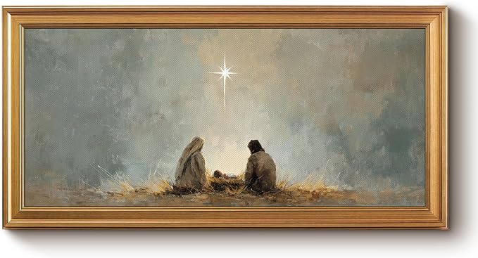 Bzstyleart Vintage Wall Art Decor for Living Room, Large Framed Jesus Wall Art Canvas, Christian Pictures Home Decor Aesthetic, Rejious Christian Artwork Painting, Star of Bethlehem, 20 x 40 Inch