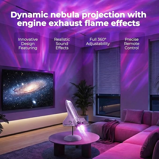 Space Shuttle Galaxy Projector Lights, Dynamic Nebula Night Light with Colorful Tail Jet Flame & Multiple Scene Music Effects, Metallic Texture for Bedroom, Birthday for Kids and Adults