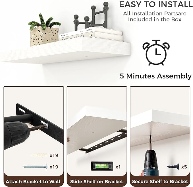 Venusmiles Floating Shelves for Wall, Engineered Wood Wall Shelves with Invisible Brackets for Living Room Bedroom Bathroom Office Kitchen Decor and Storage (White, 36" W x 9" D x 1.5" H) Set of 2