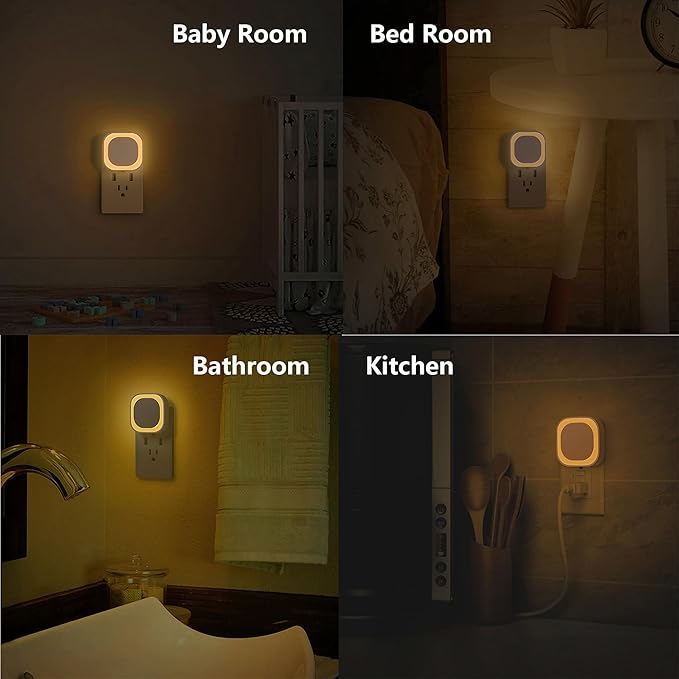 YUNLEX 2 Pack Plug in Dimmable Night Light, Square Nightlight, Auto Dusk to Dawn Sensor, Soft Glow, Diffused Light, Golden Yellow Light for Bathroom, Hallway, Stairs, Kitchen, Bedroom, Garage