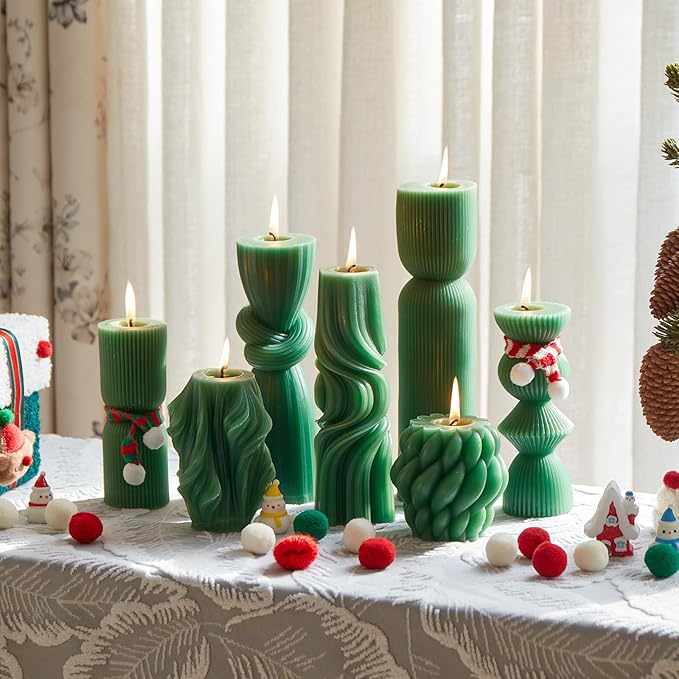7-Pack Pillar Candles - Soy Wax Handmade Ribbed Candles for Home Decor, Housewarming Gift, Shelf & Table Decor - Aesthetic Modern Candles Set (Green)