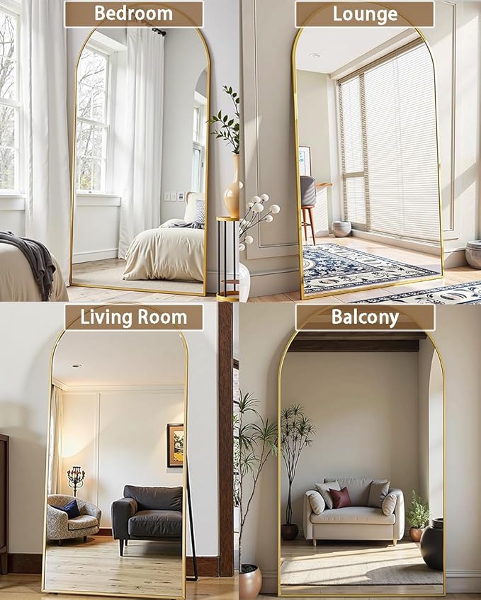 Dewfig 71"X26" Arched Full Length Mirror, Free Standing Leaning or Wall-Mounted Mirror, Aluminum Frame Modern Mirrors for Living Room, Bedroom, Cloakroom, Gold