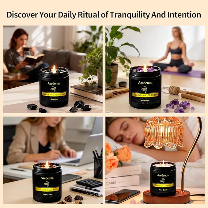 Scented Candles Set, 4 Pack Crystal Healing Candles with Rose Quartz Amethyst Tiger Eye Obsidian, 7oz Natural Soy Wax Candles, Lavender Citrus Sandalwood Cedar, Meditation Gifts for Women Men