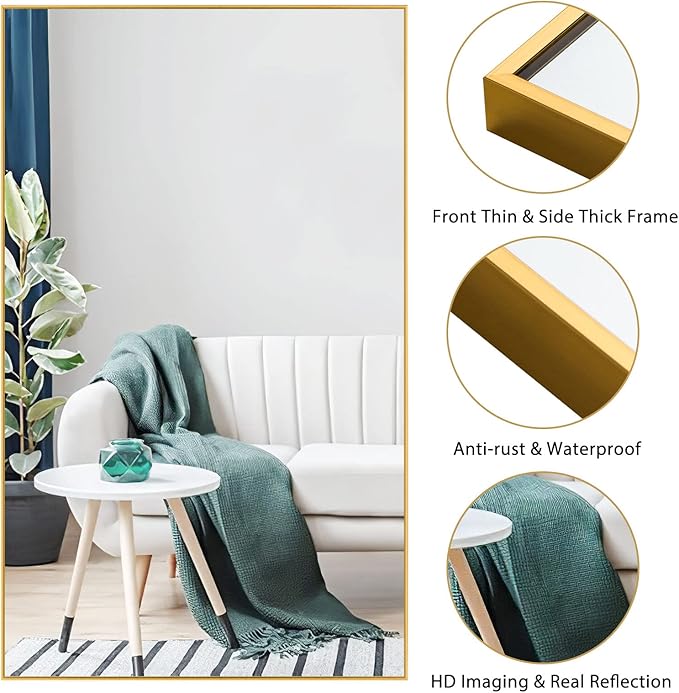 NeuType Full Length Mirror Floor Mirror, Long Mirror Full Body Dressing Mirror, Large Wall Mirror Bathroom Mirror Standing Mirror, Large Mirrors for Bedroom, Metal Frame, Gold 59"x35", No Stand