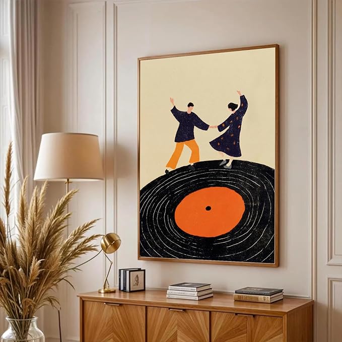 Retro Vinyl Record Canvas Wall Art Trendy Music Wall Art Music Dancing Couple Poster Funky Abstract Canvas Print Modern Pop Inspired Illustration for Home Bar Living Room Bedroom, 16x14inch Unframed