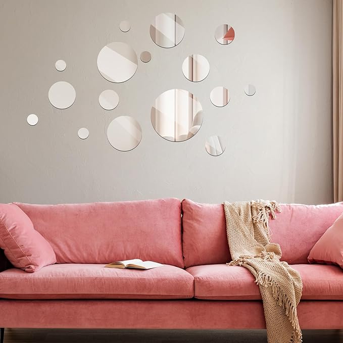 Jetec 16 Pcs Real Glass Round Mirror Tiles Frameless Round Wall Mirrors Glass Mirror Tiles Wall-Mount Mirrors with Acrylic Double Sided Adhesive for Bedroom Bathroom Craft