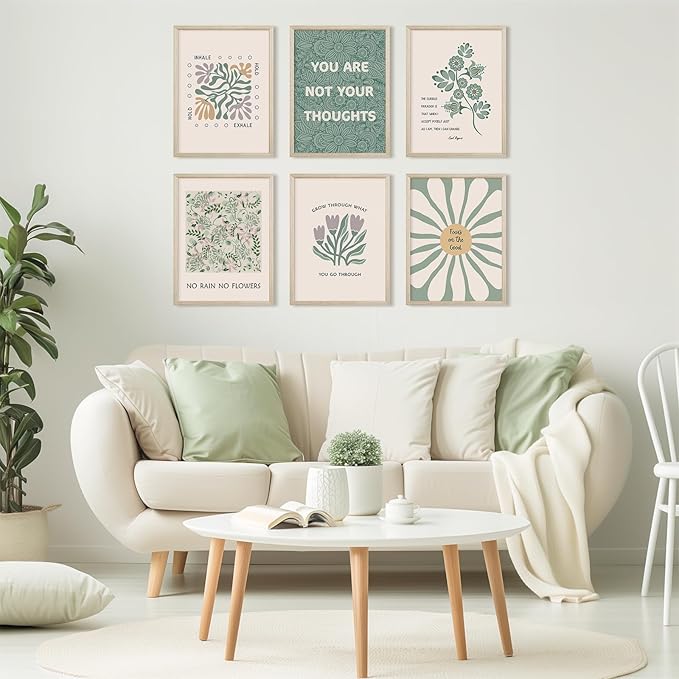 Mental Health Wall Art Therapy Office Canvas Wall Decor Green Motivational Posters Prints Boho Inspirational Quote Pictures Positive Psychology Artwork Painting for Classroom 12x16 Inch Framed 6Pcs