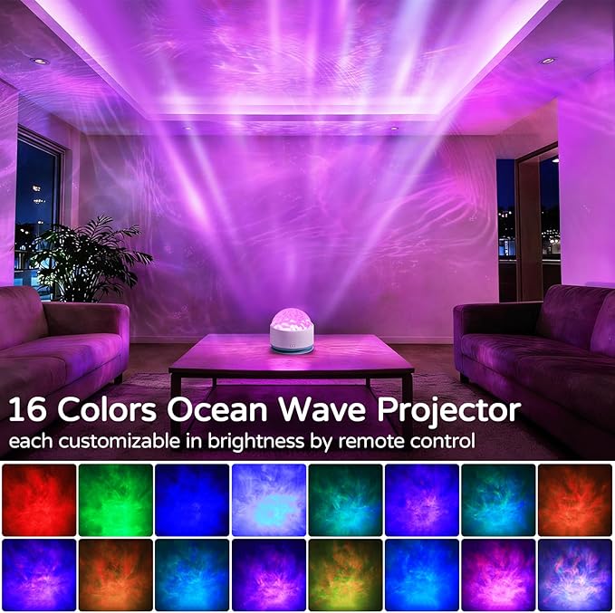 Ocean Wave Projector Light, Rechargeable 16 Color Ocean Lamp Ambient Lighting Night Light Projector Mood Lighting with Dimmable & Remote for Kids Bedroom Teen Girl Gift Room Decor