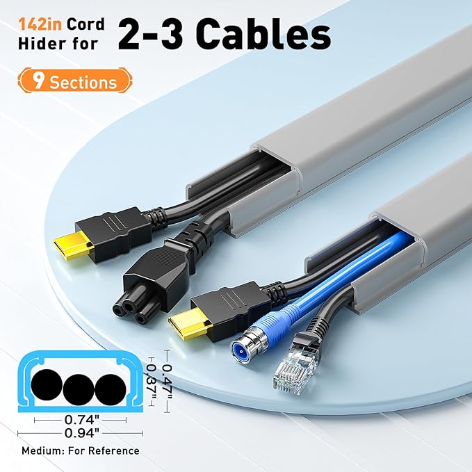 Delamu Cord Hider, 142in Cable Hider, Cord Covers for 2-3 Wires on Wall, Wire Covers for Cords, Wire Hiders for TV on Wall, Easier Setup Cable Cover Cable Management, W0.94 H0.47in, Grey