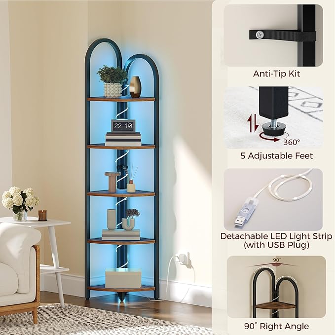MAHANCRIS 5-Tier Corner Shelf with LED Light, 64.6'' Arched Corner Bookshelf, Narrow Storage Shelf with Metal Frame, for Living Room, Bedroom, Small Spaces, Rustic Brown and Black CSHR55101