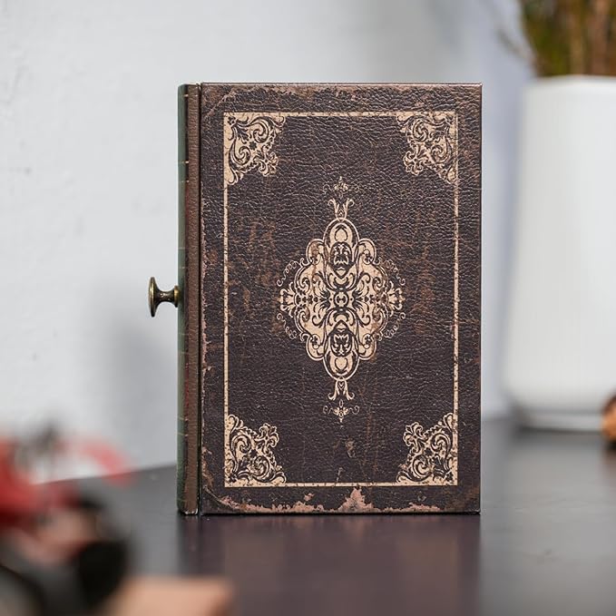 Vintage Decorative Book Storage Box with Drawer, Distressed Dark Brown Faux Leather Finish with Ornate Pattern, Hidden Keepsake Case for Desk or Bookshelf Display 11.8″ x 8.7″ x 2.4″