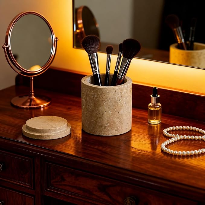 Natural Marble Storage Round Containers Cotton Swab Holder, Organizers with Lids,Travertine Stone Box for Qtips, Makeup, Bathroom Essentials & Home Storage (round box)