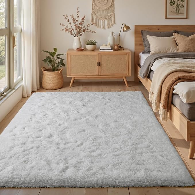 White Rugs for Bedroom Fluffy 4x6 ft Living Room Rug Non-Slip Area Rugs Shag Carpet for Nursery Kids PlayRoom Dorm Office Indoor Modern Plush Carpets Teens