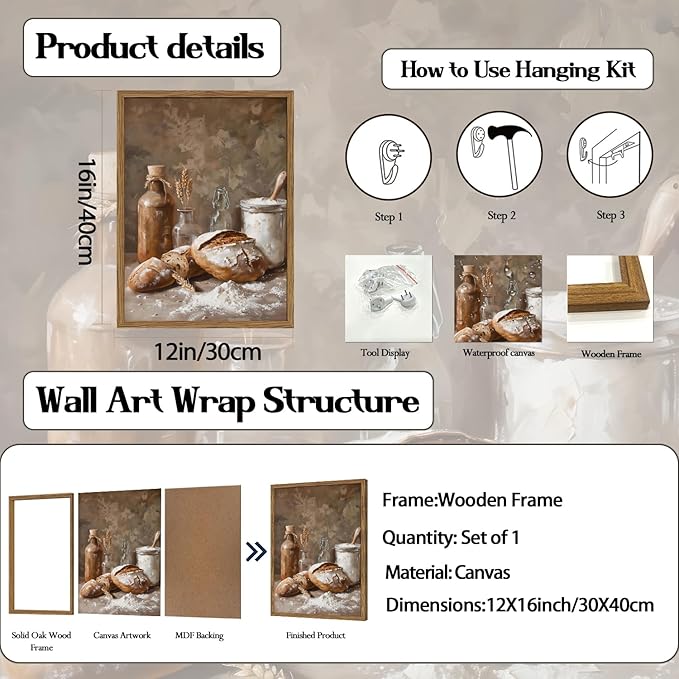Framed Vintage Kitchen Wall Art, Rustic Bread and Flour Pictures Wall Decor Paintings, Farmhouse Food Poster Canvas Prints Country Home Decor for Dining Room Living Room Bakery 12x16 inch