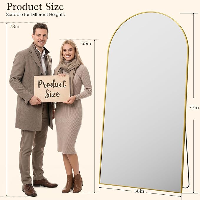 77"x38" Arched Full Length Mirror with Stand, Free Standing Leaning Wall Mounted Aluminum Alloy Frame Mirror for Bedroom Living Room Cloakroom, Gold